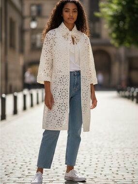 Grace Chuang Ivory Eyelet Coat - Elegant Lightweight Layer